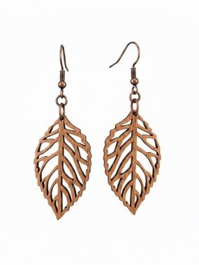 Wooden Leaf Drop Earrings - Brown